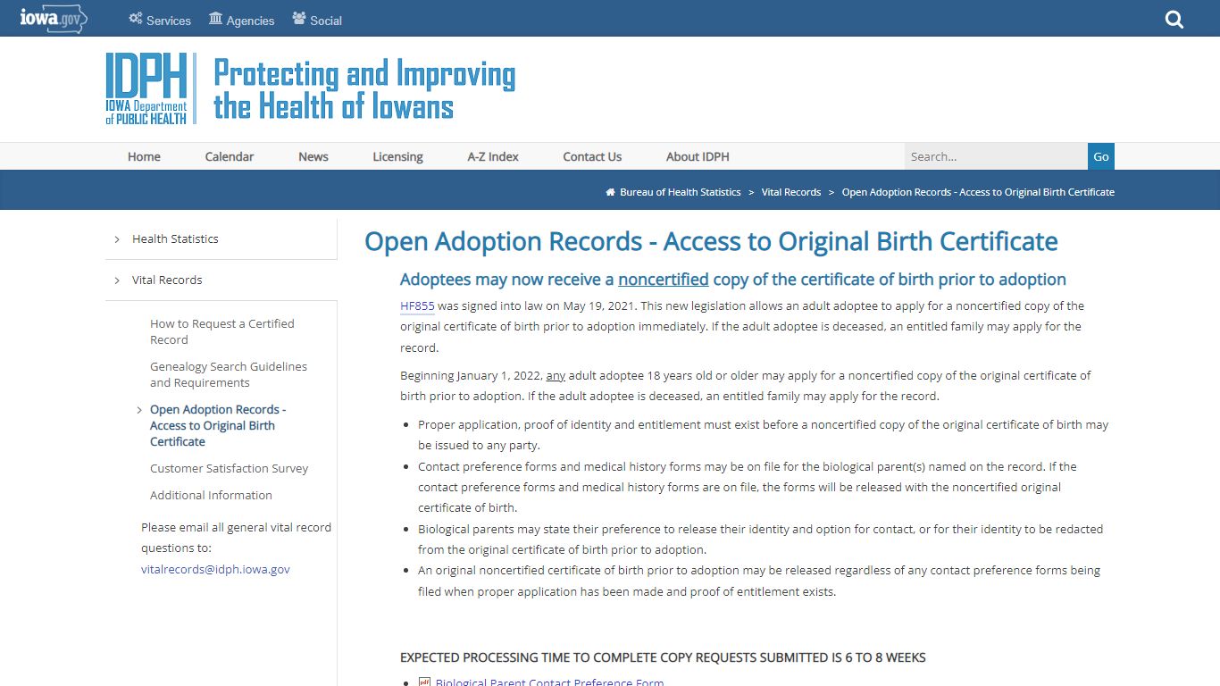 Open Adoption Records - Iowa Department of Public Health